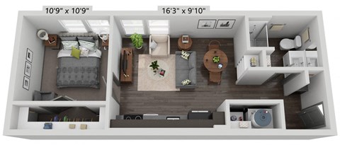 Floor plan for 1 bed, 1 bath, 567 sqft